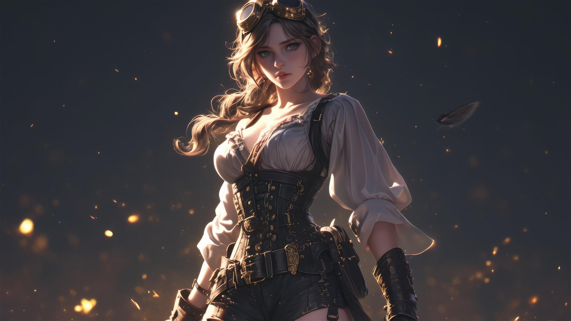Steampunk adventurer girl in dynamic pose with thigh focus on dark background