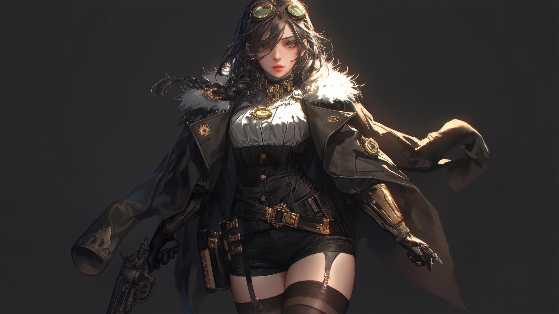 Steampunk adventurer girl in dynamic pose with thigh focus on dark background