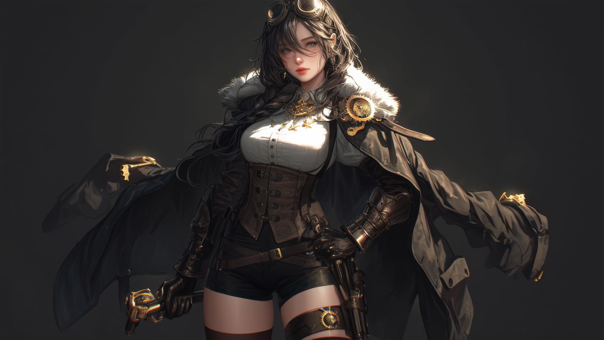 Steampunk Adventurer Girl in dynamic pose on dark background with thigh focus and spotlight effect