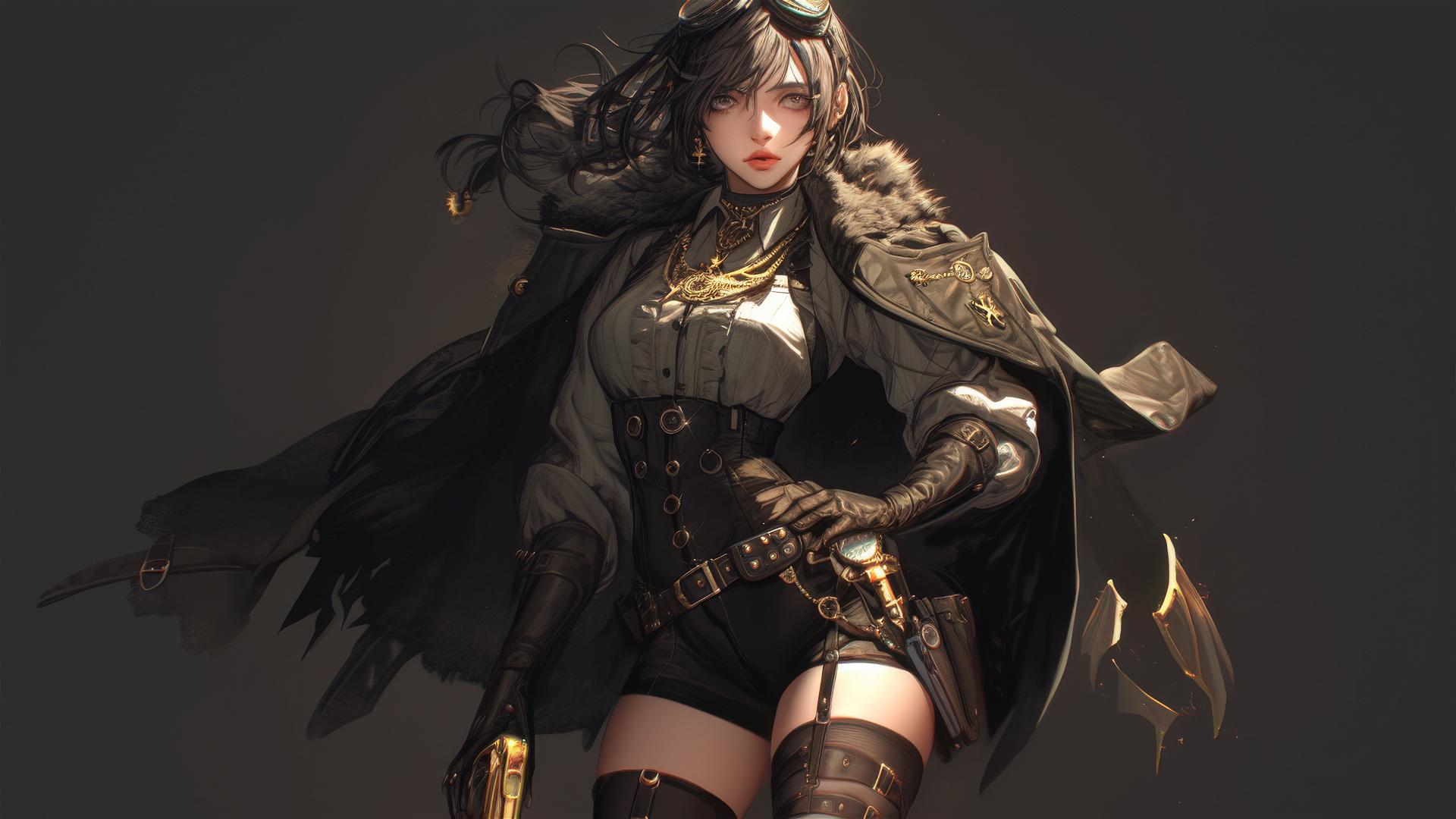Steampunk adventurer girl in dynamic pose with thigh focus on dark background