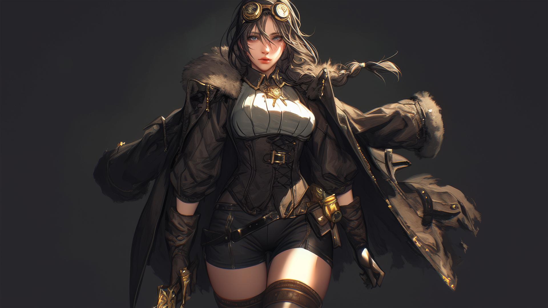 Steampunk girl in dynamic pose with thigh focus on dark background