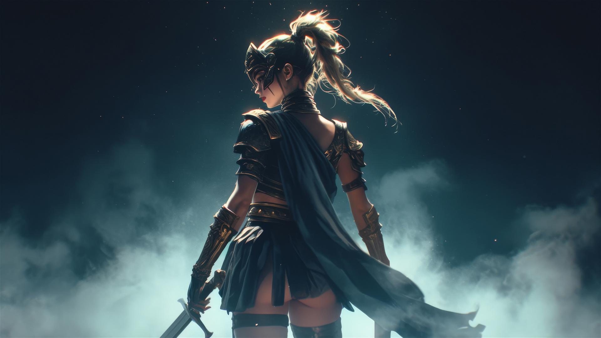 Gladiator warrior girl in dynamic pose on dark background with spotlight