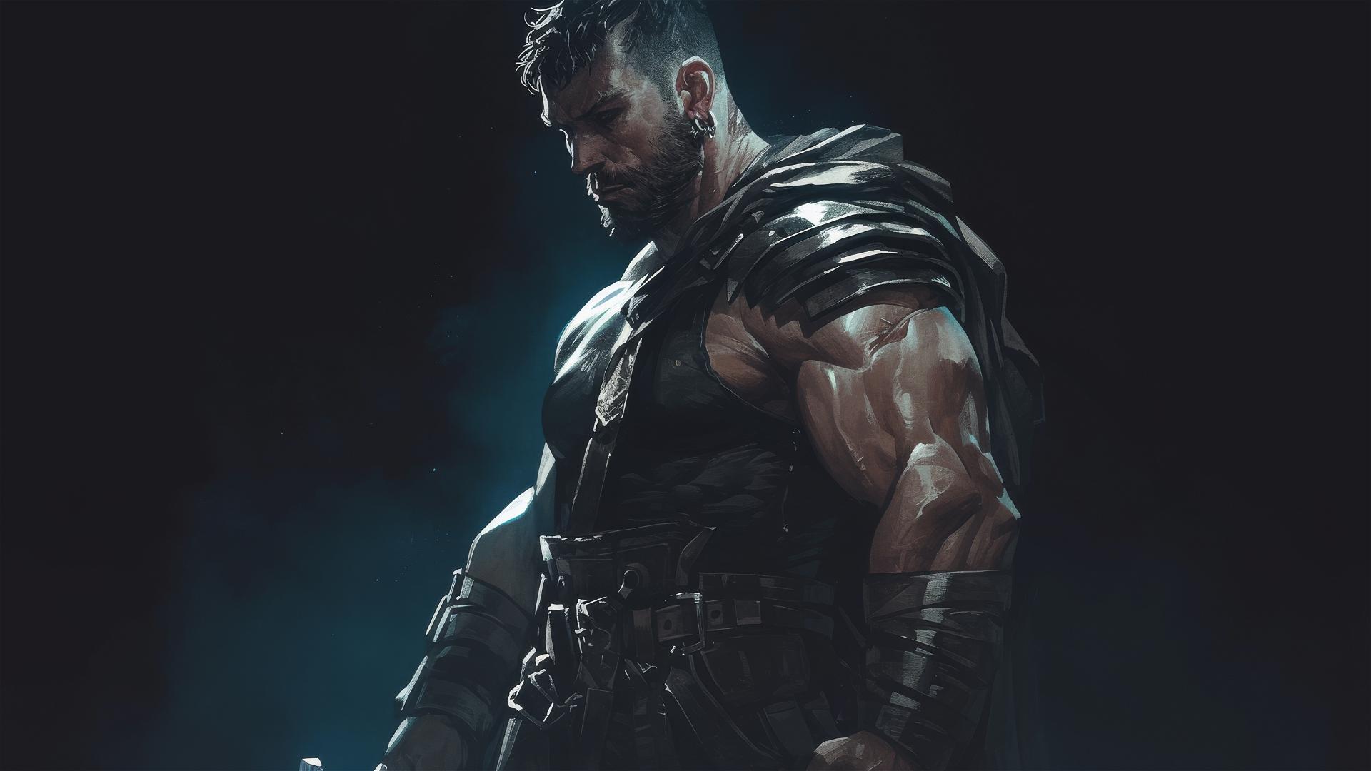 Gladiator warrior in dynamic pose with spotlight on thighs against dark background