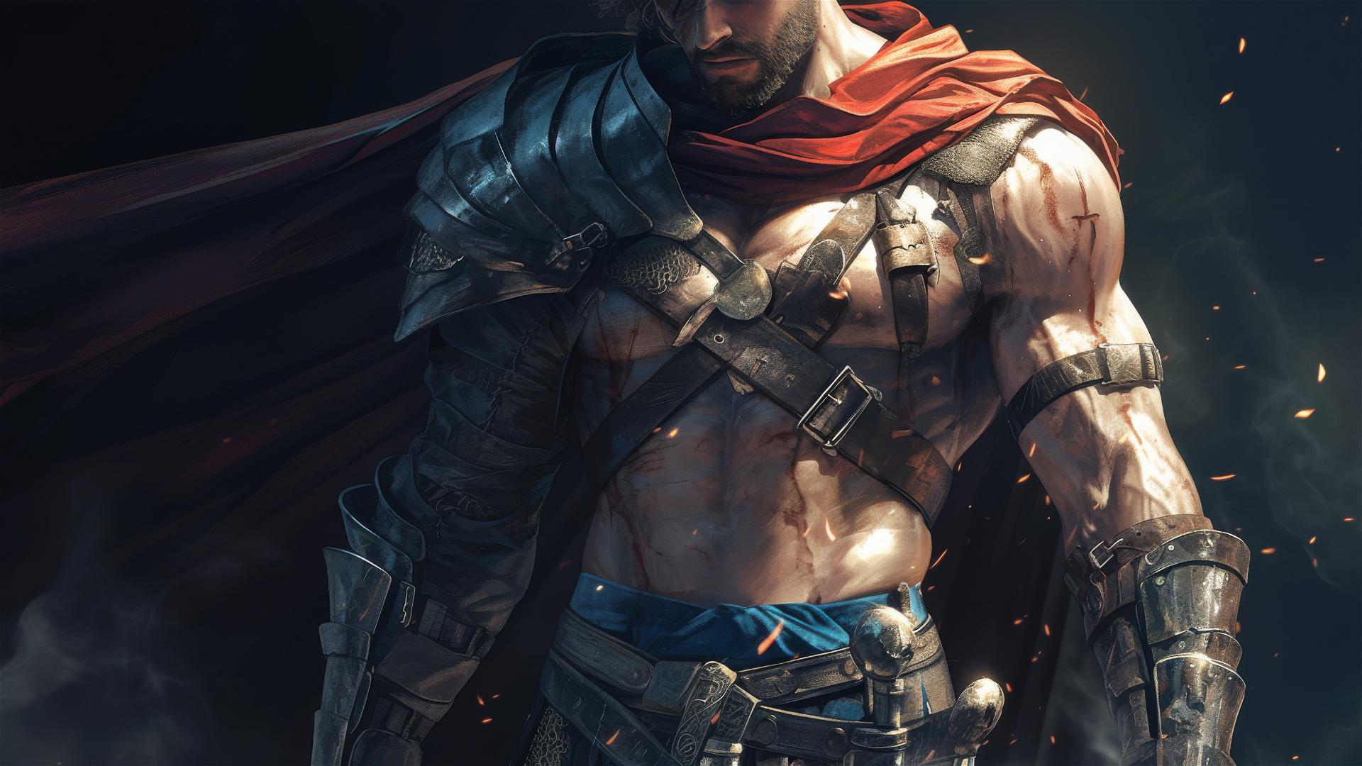 Gladiator warrior with thigh focus on dark background
