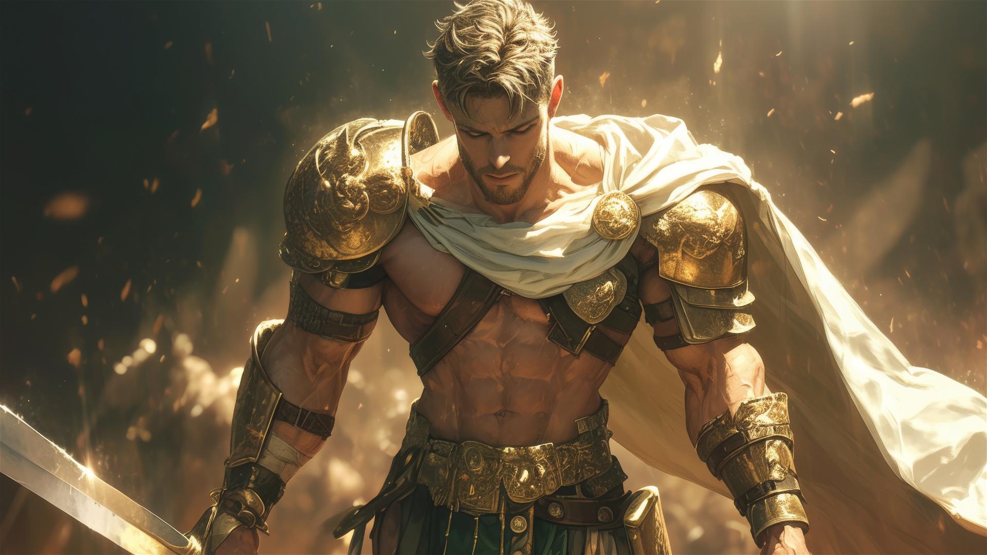 Handsome gladiator warrior in spotlight with thigh focus on a dark background