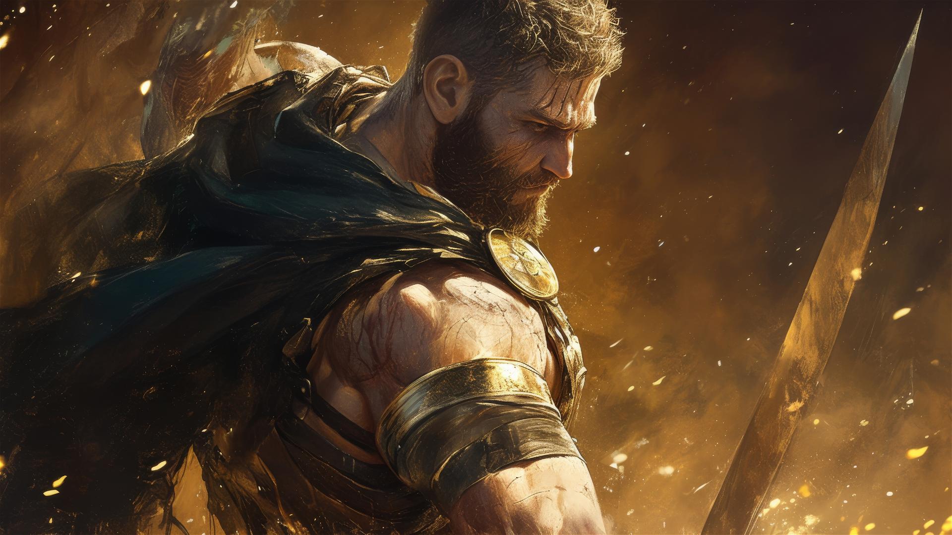 Gladiator Warrior with thigh focus under spotlight on dark background