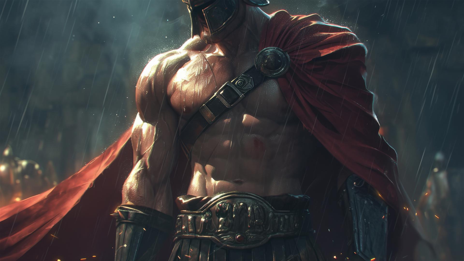 Gladiator warrior with a dark background and spotlight effect
