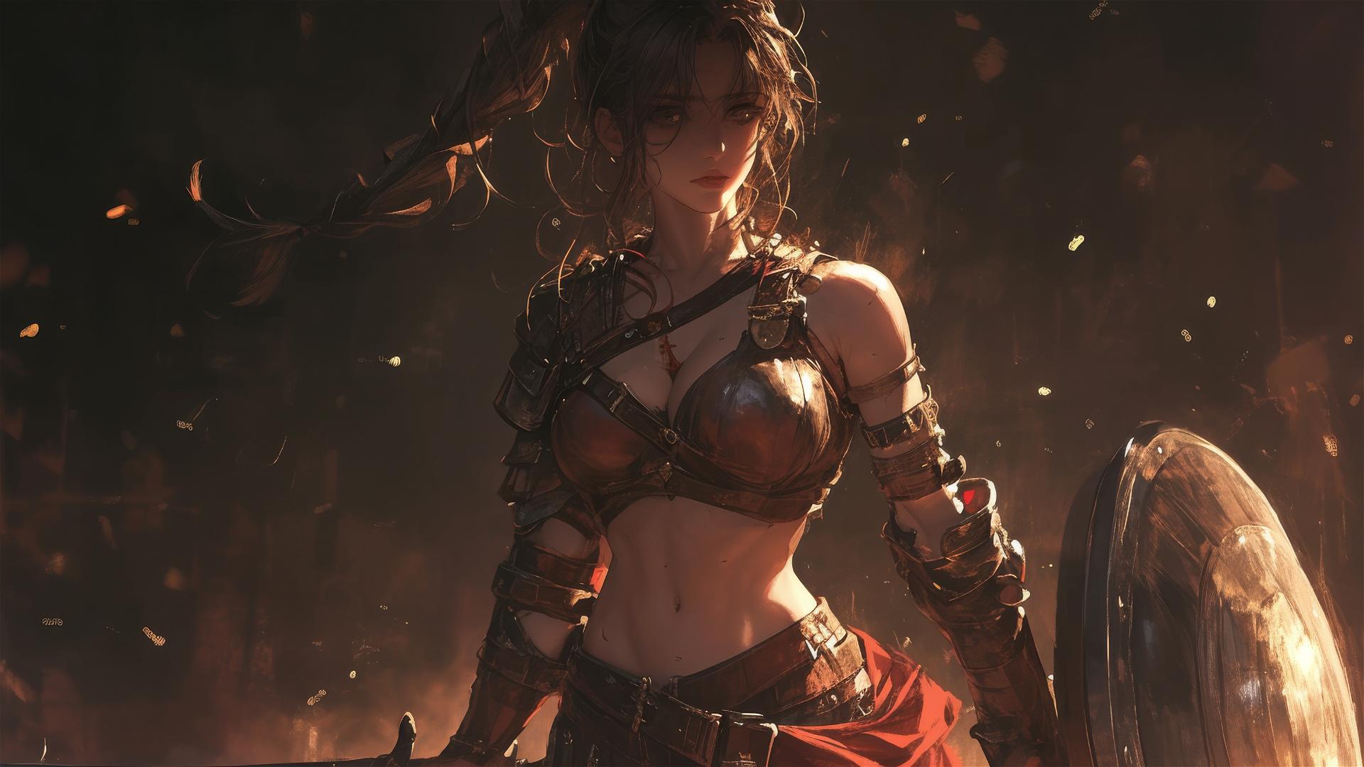 Gladiator warrior girl with thigh focus on dark background with spotlight