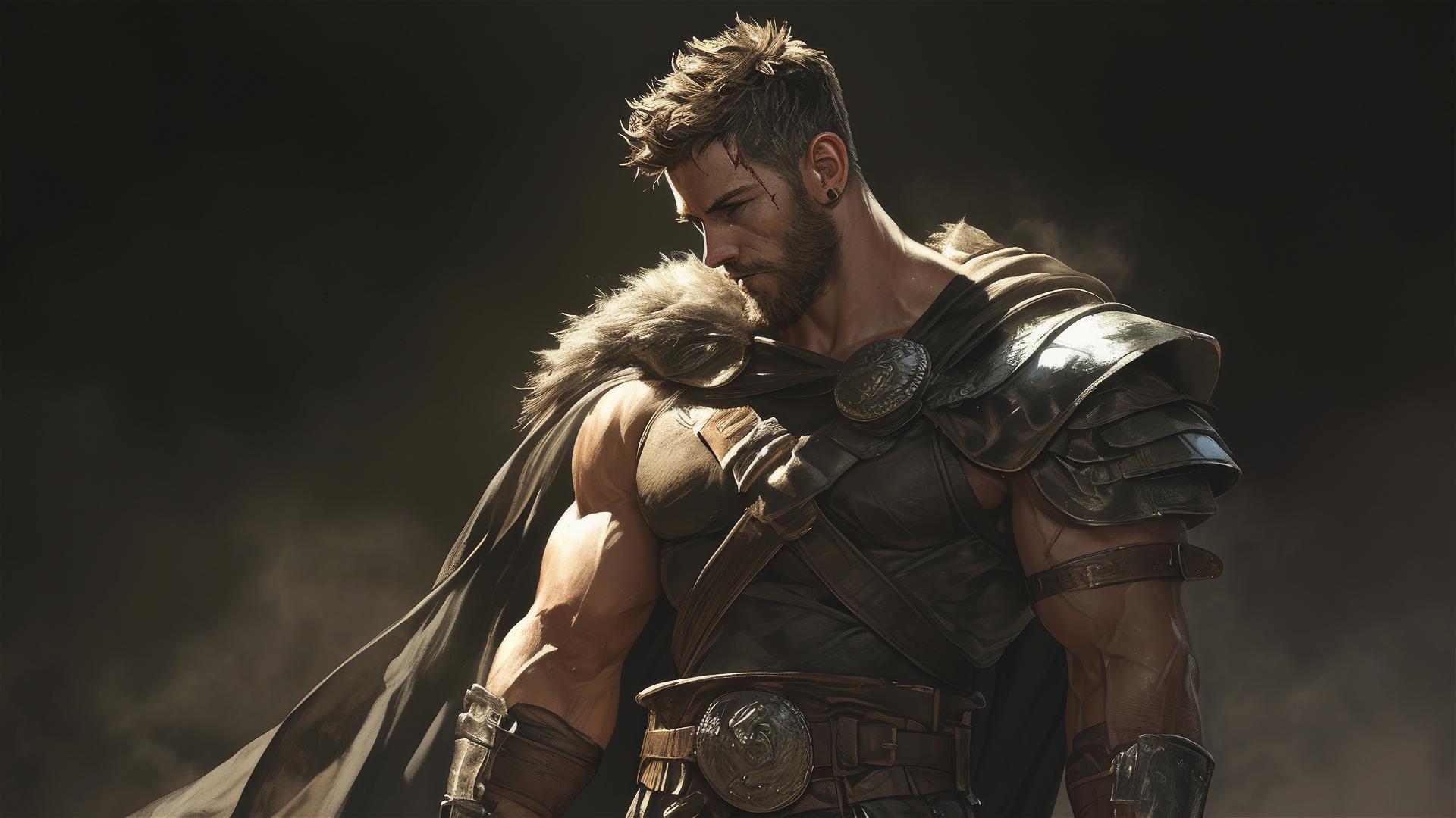 Handsome gladiator warrior highlighted by spotlight effect against dark background, epic thigh focus