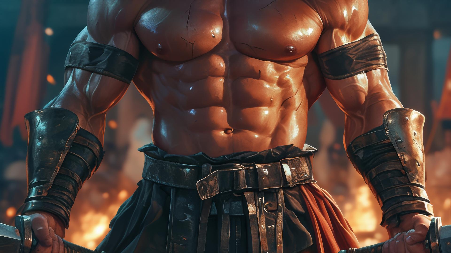 Gladiator warrior with thigh focus on dark background with spotlight effect