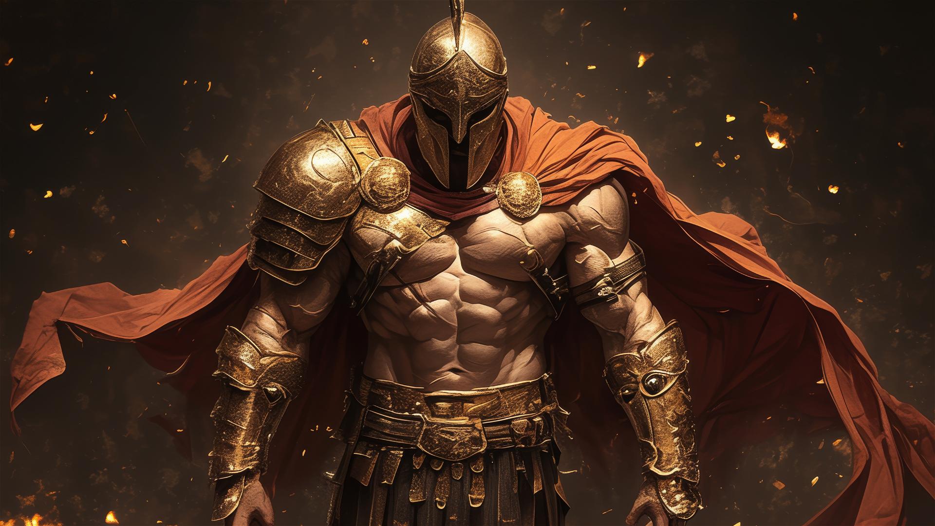 Gladiator warrior under spotlight with thigh focus on dark background