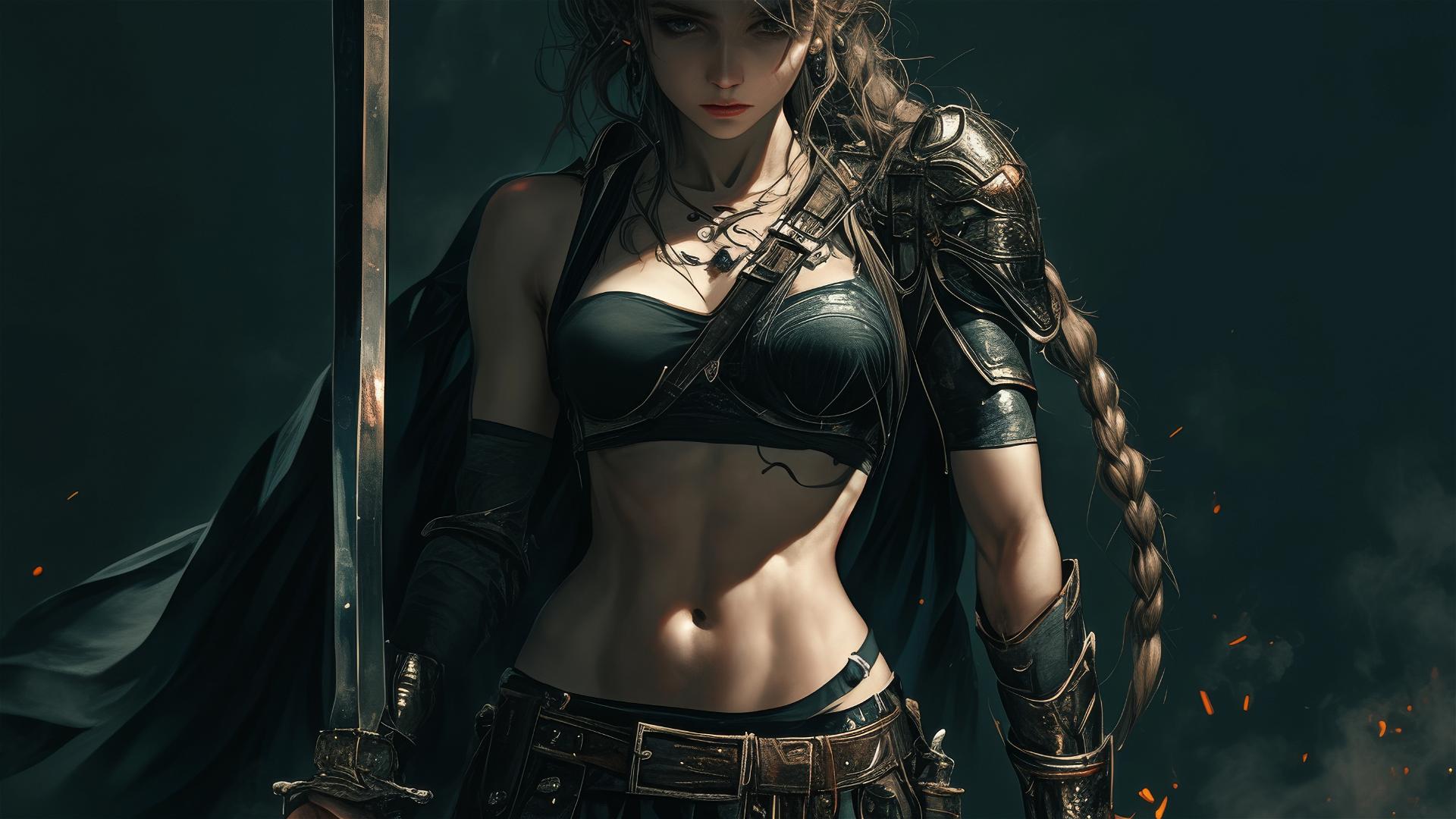Gladiator warrior girl with thigh focus on dark background with spotlight effect