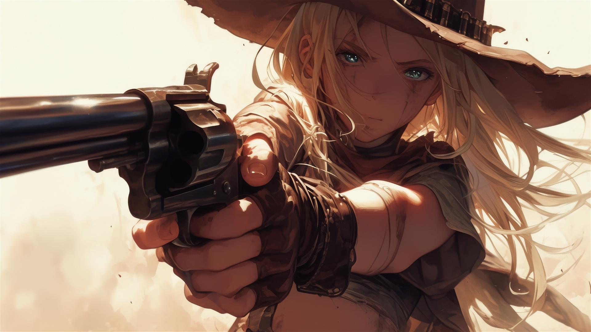 Wild West gunslinger girl with a thigh focus on a dark background under a spotlight