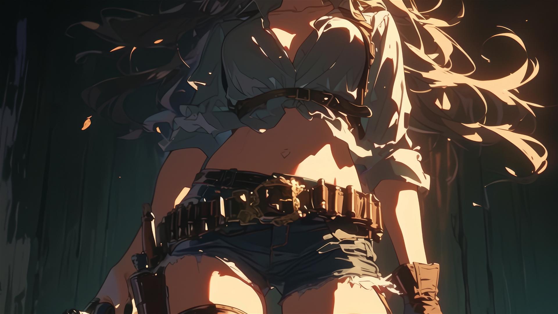Wild West gunslinger girl with thigh focus on dark background
