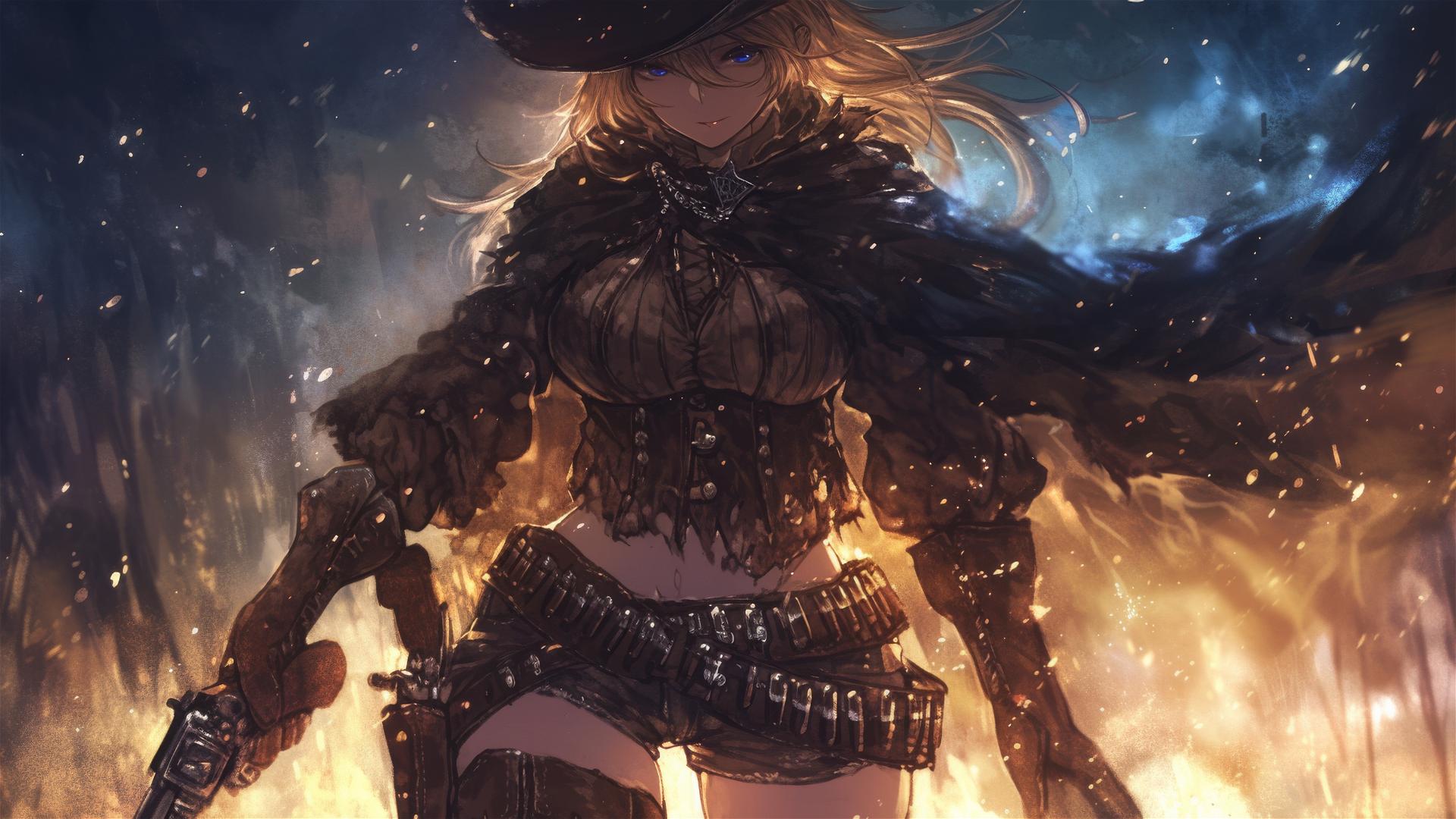Wild West Gunslinger Girl with spotlight on thighs against dark background