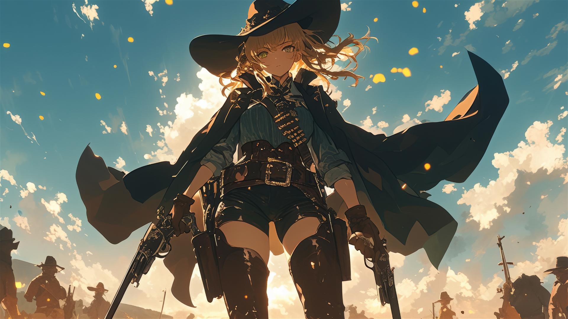 Wild West gunslinger girl isolated on dark with thigh focus and spotlight effect