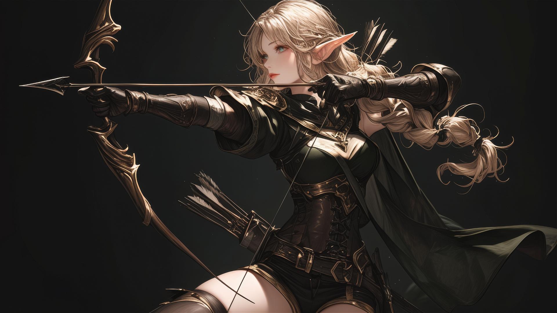 Fantasy Elf Archer in dynamic pose on dark background