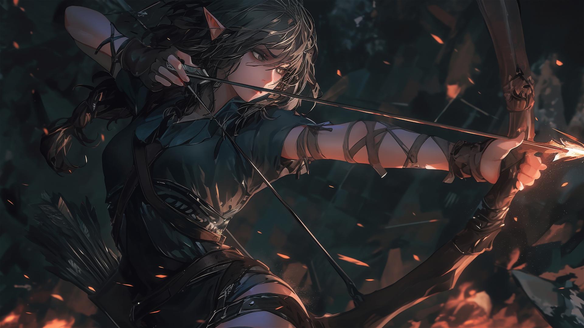 Fantasy Elf Archer in dynamic pose on dark background with thigh highlighted