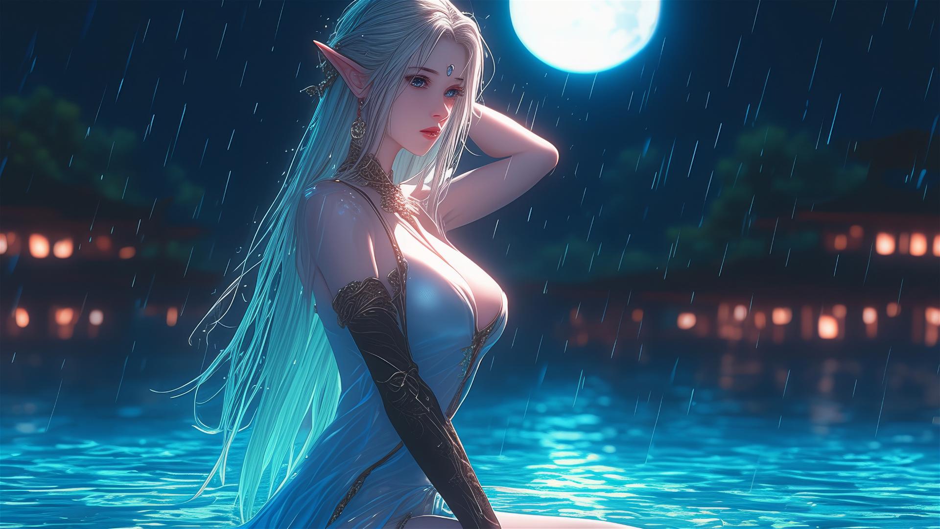 Fantasy elf girl in white dress standing in pool under moonlit rain