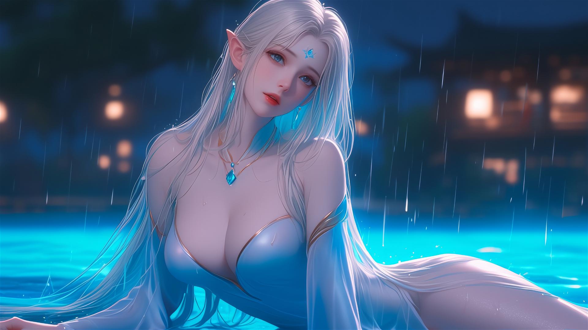 Fantasy elf girl resting by a pool with moonlight glow