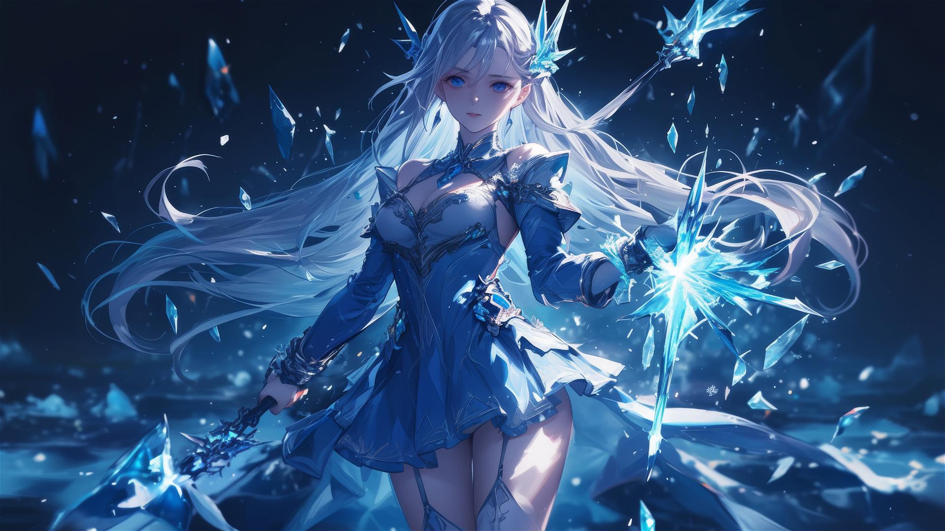 Fantasy Ice Mage Girl in dynamic pose on dark background with spotlight effect