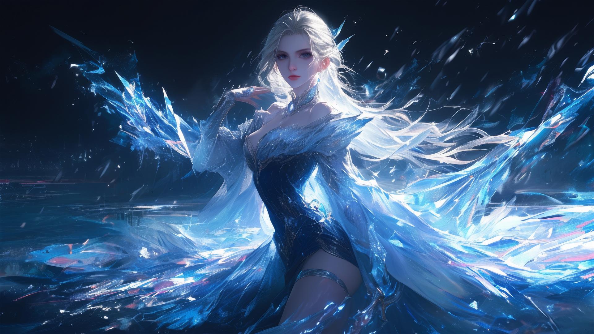 Fantasy Ice Mage Girl in dynamic pose with spotlight effect on dark background