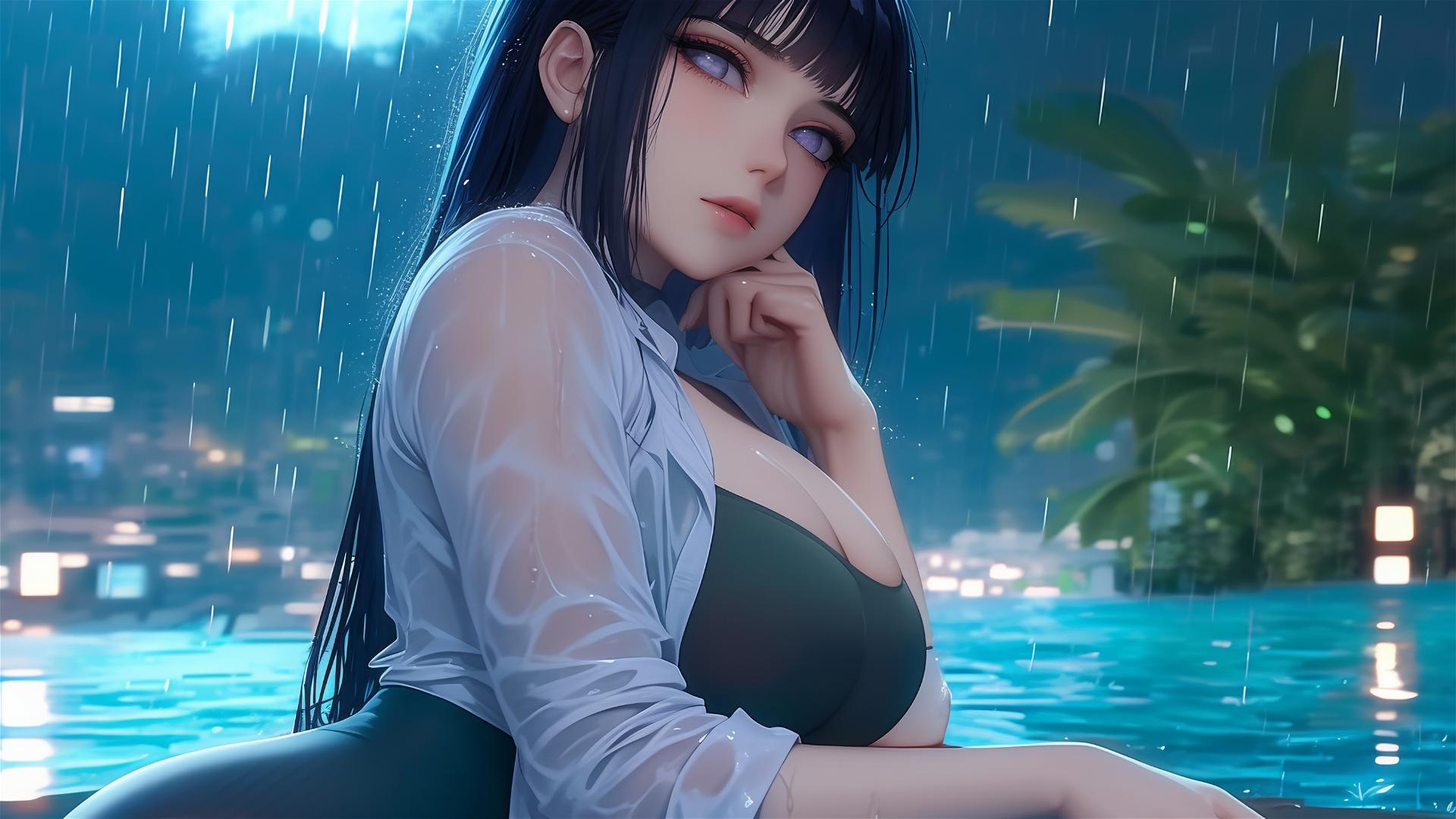 Hinata Hyuga resting by a pool in moonlight with rain