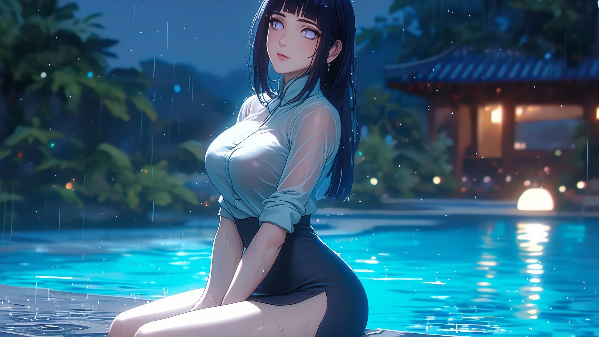 Hinata Hyuga resting by pool with moonlight glow