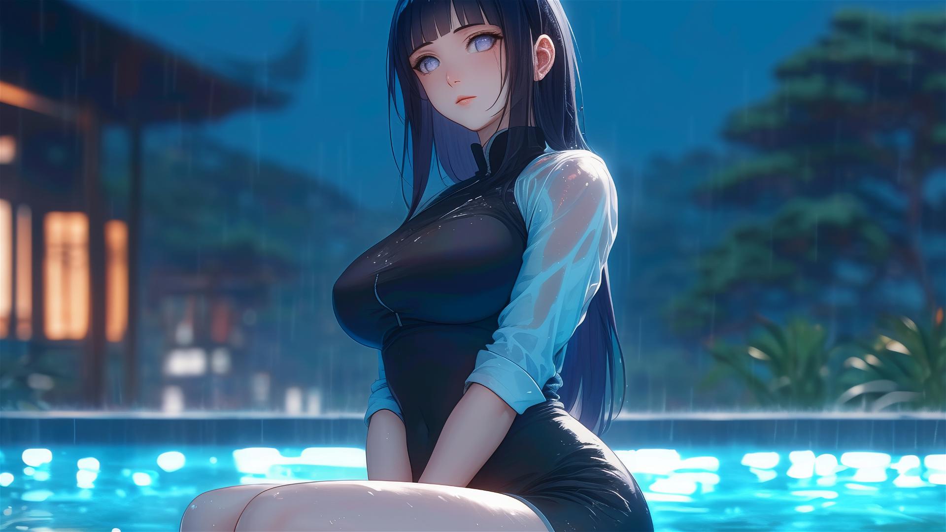 Hinata Hyuga resting by moonlit pool in the rain from Naruto