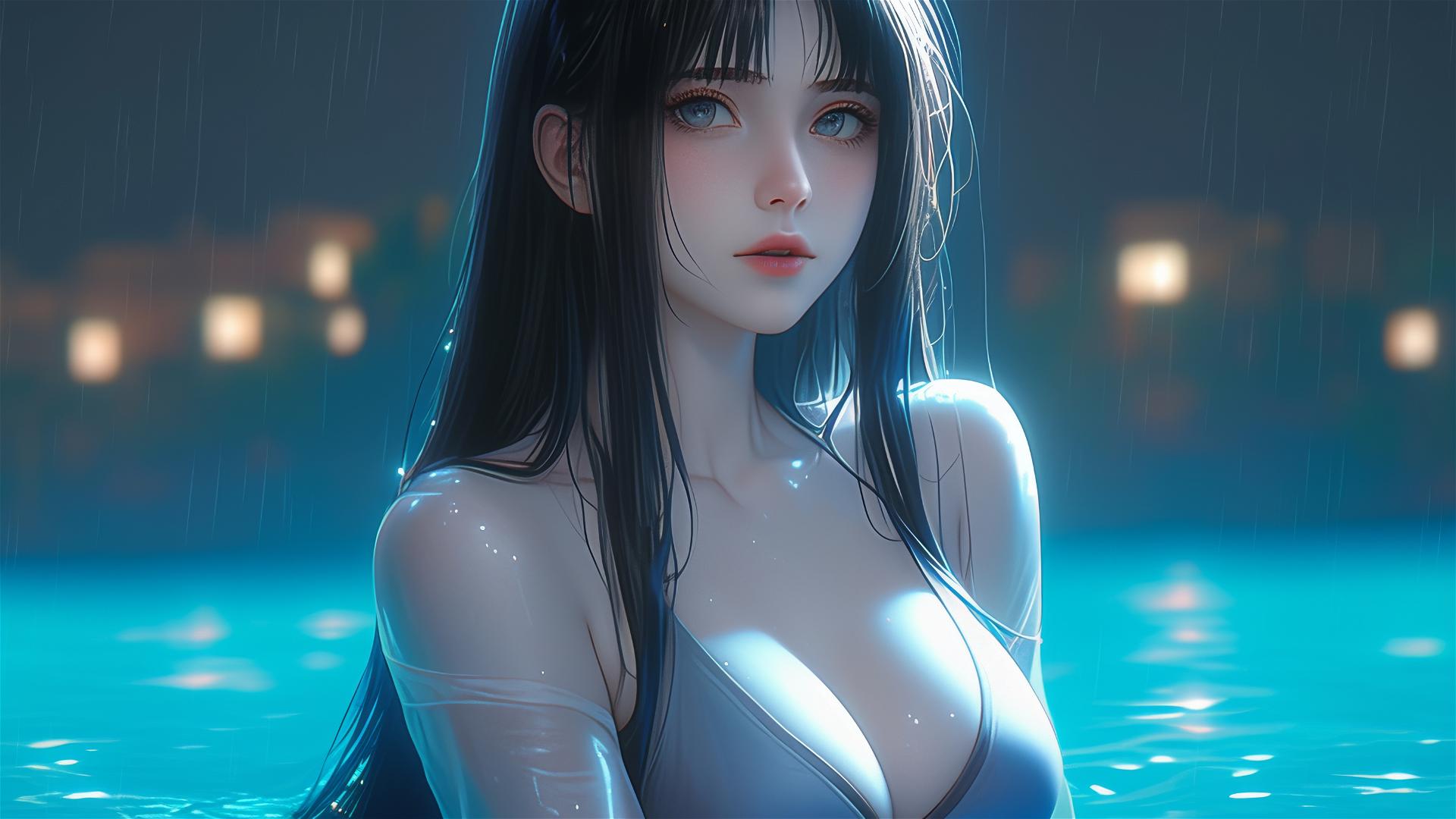 Hinata Hyuga resting by a pool in moonlight with rain