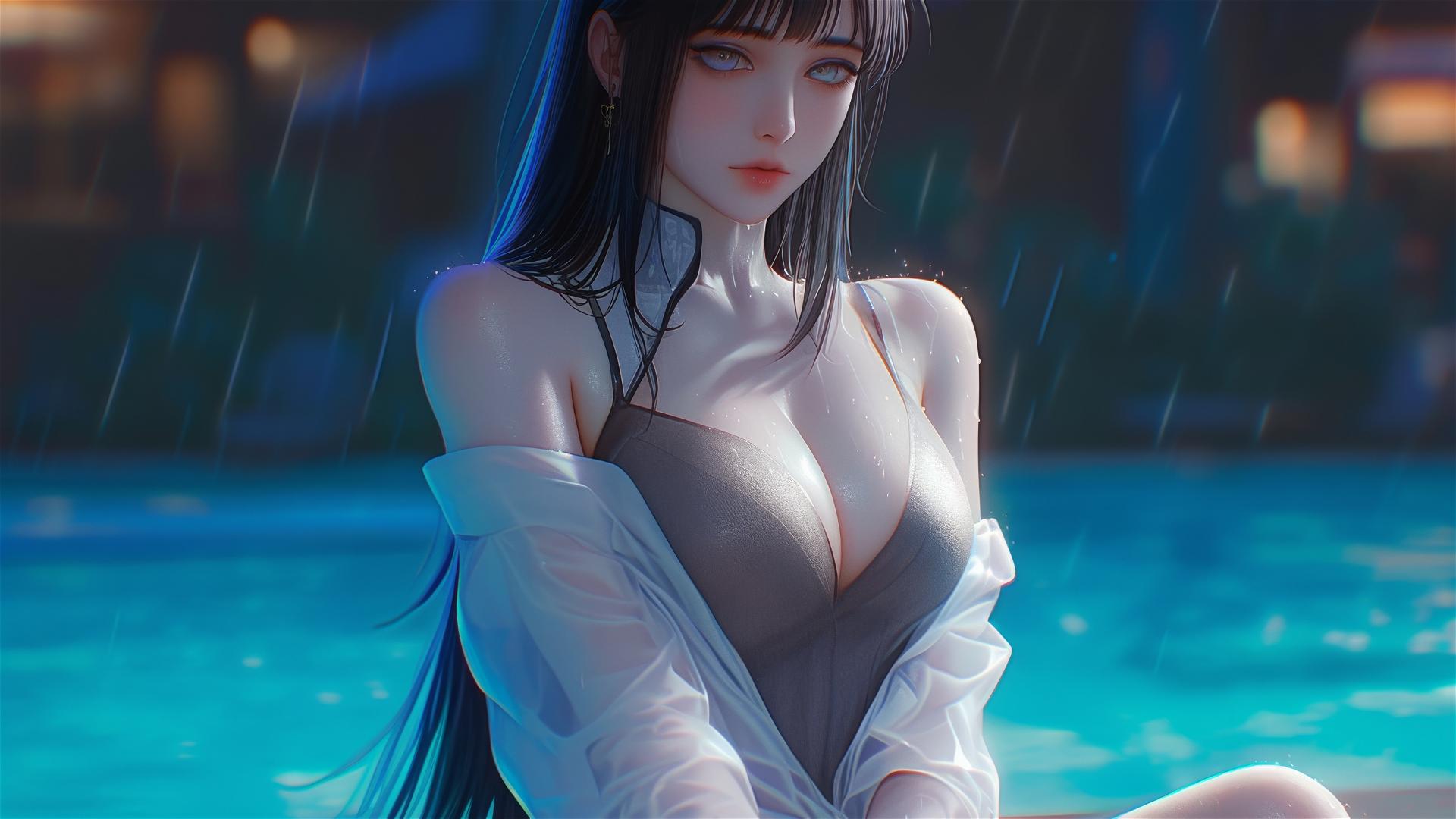 Hinata Hyuga resting by pool in moonlight with rain