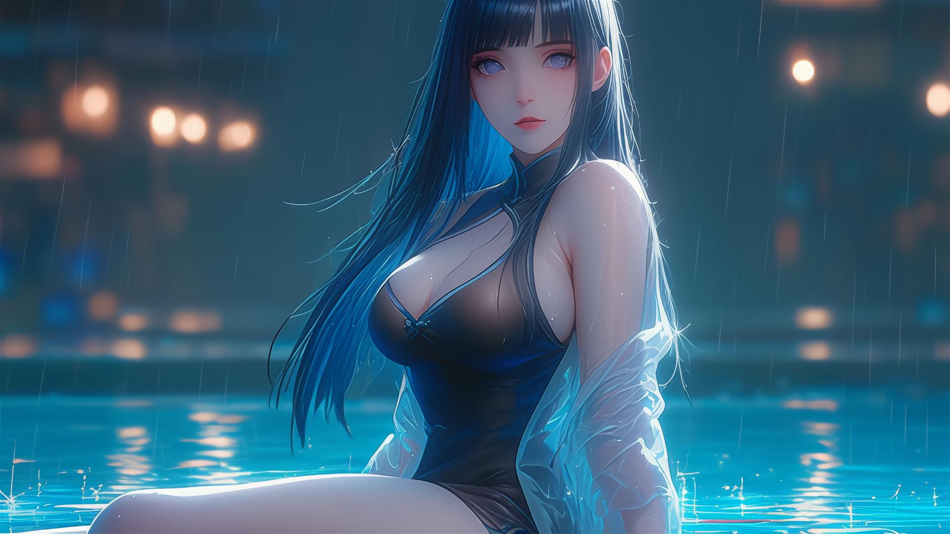 Hinata Hyuga by a pool in the moonlight with rain