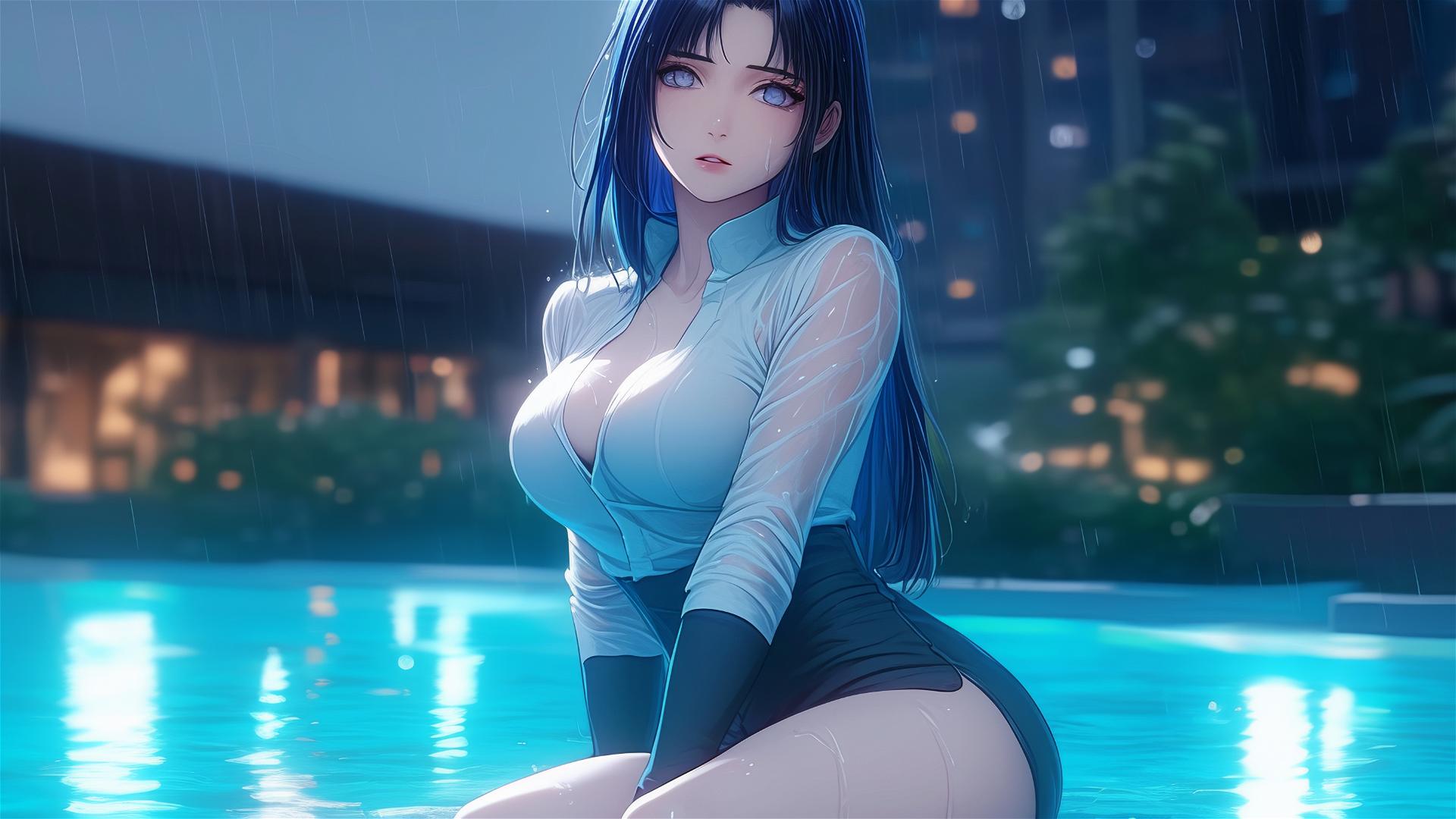 Hinata Hyuga resting by pool with moonlight in rain