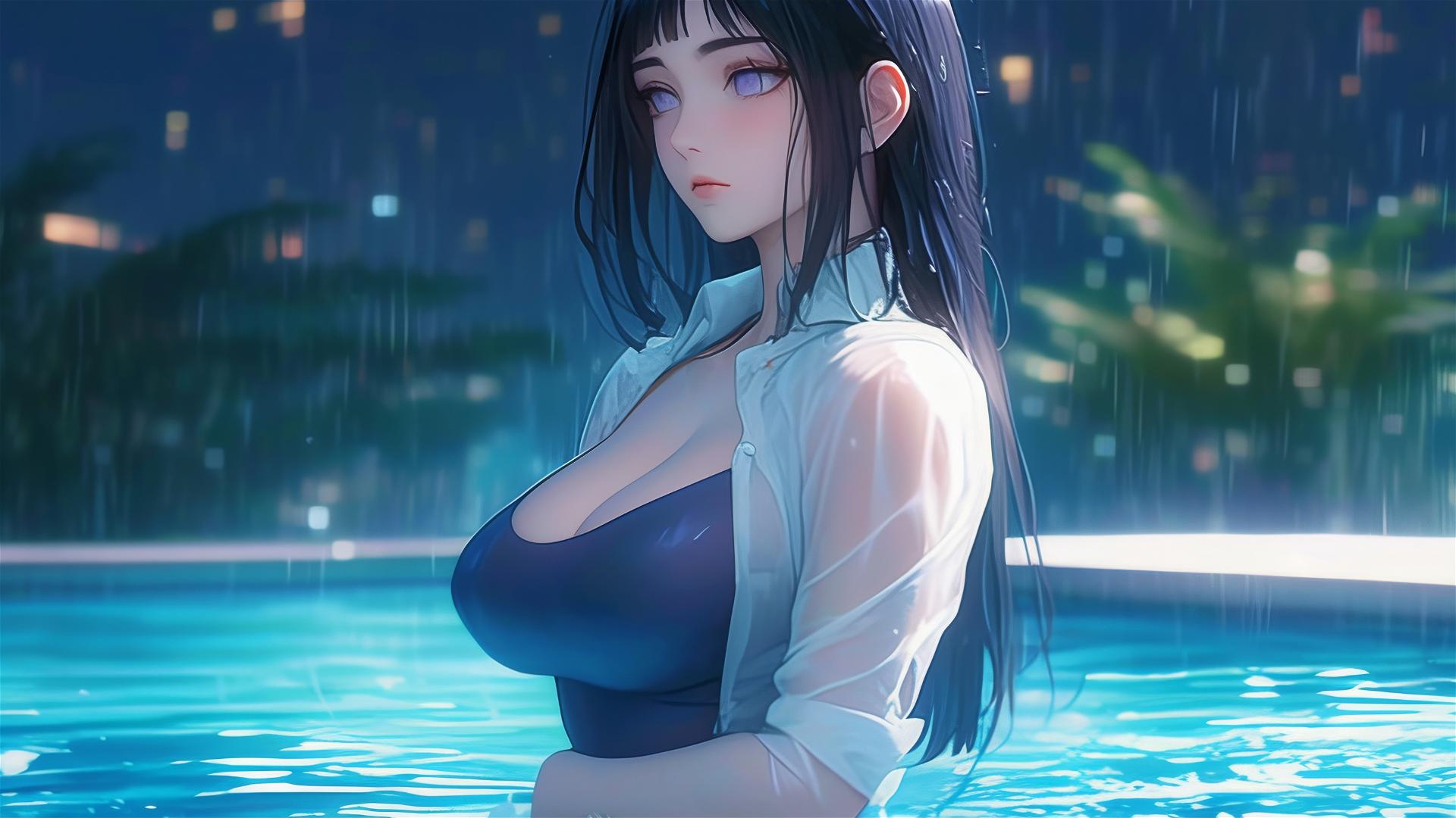 Hinata Hyuga resting by pool under moonlight