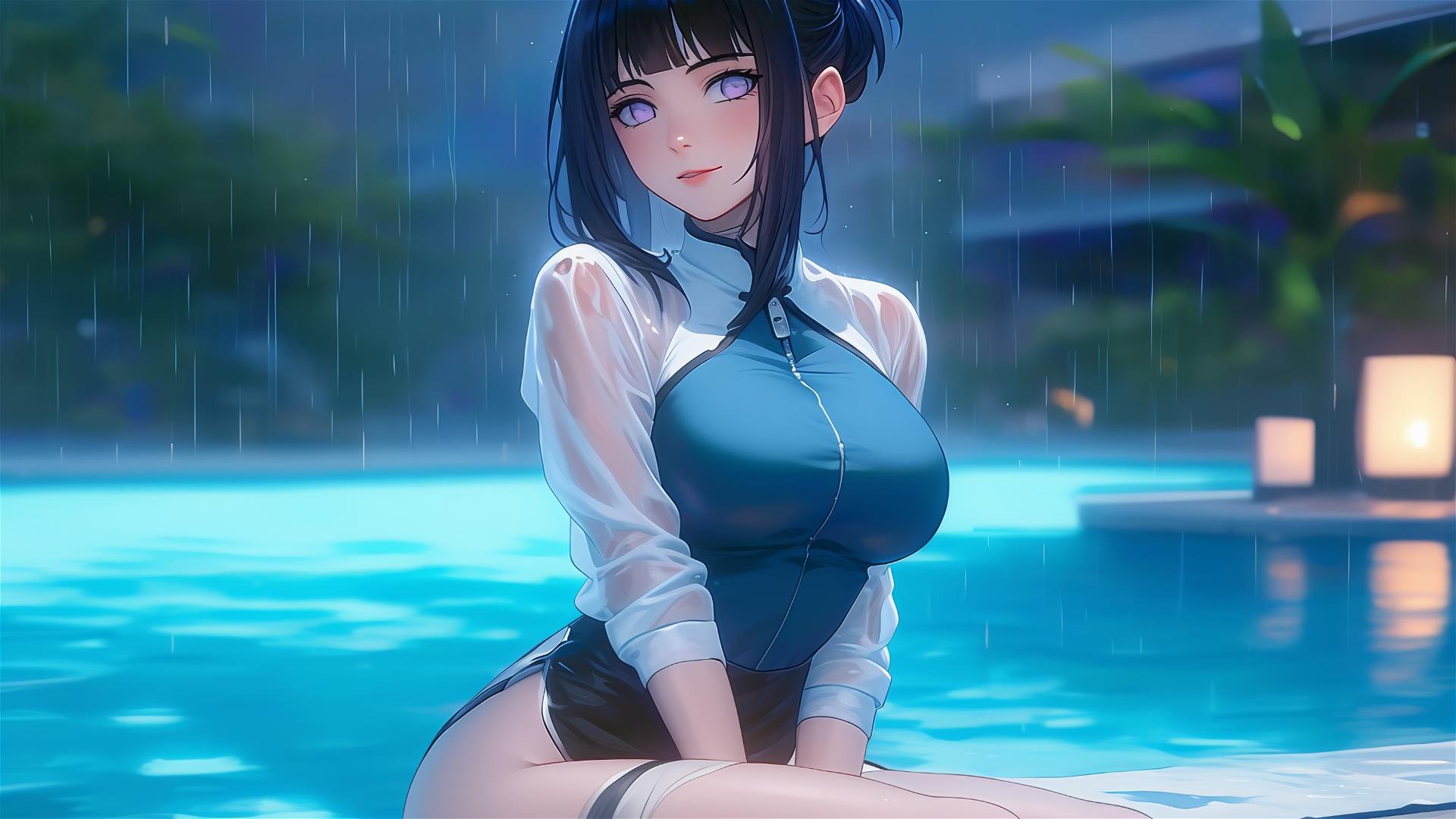 Hinata Hyuga from Naruto resting by a pool in moonlight