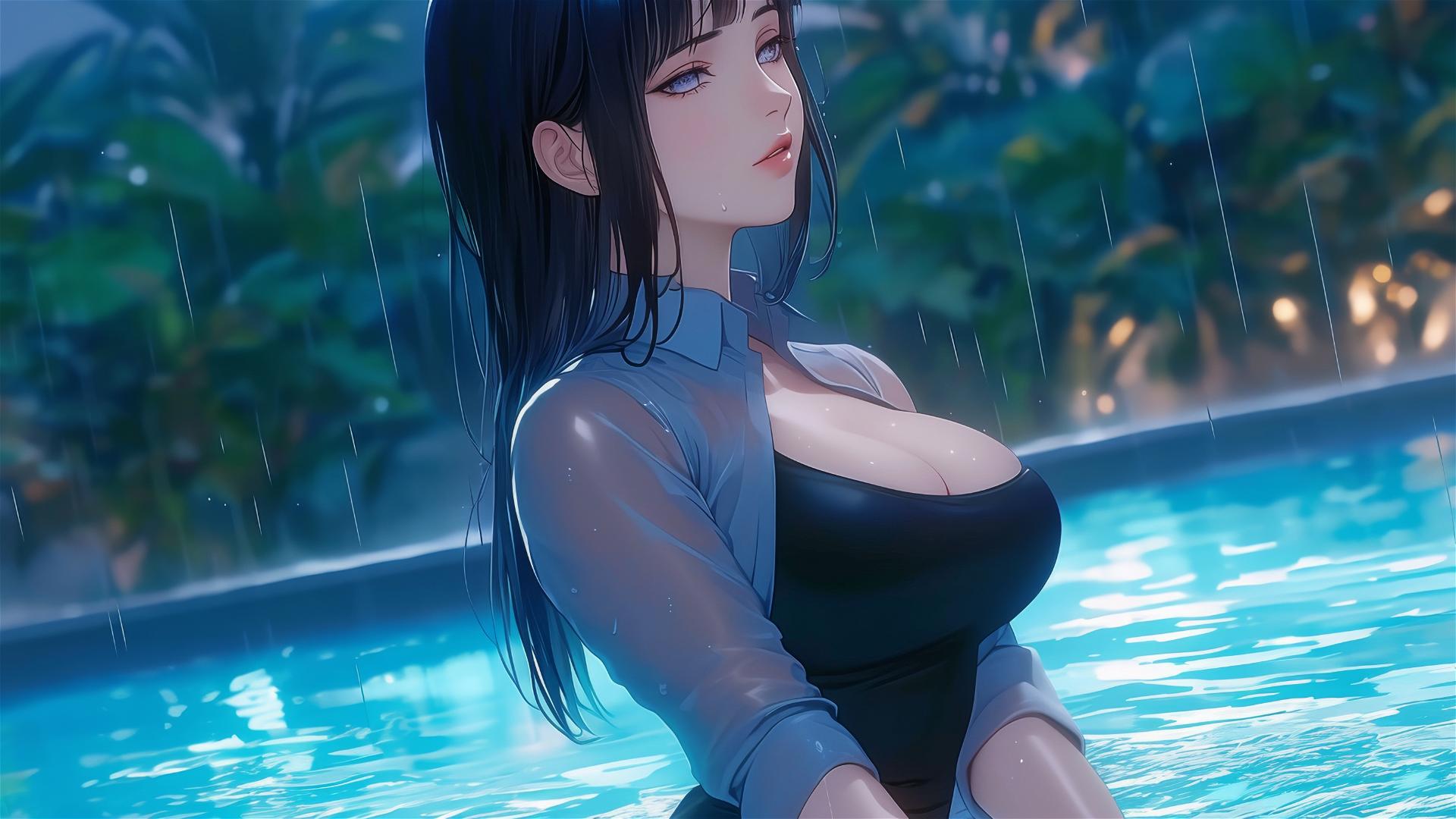 Hinata Hyuga resting by a pool in moonlight with rain