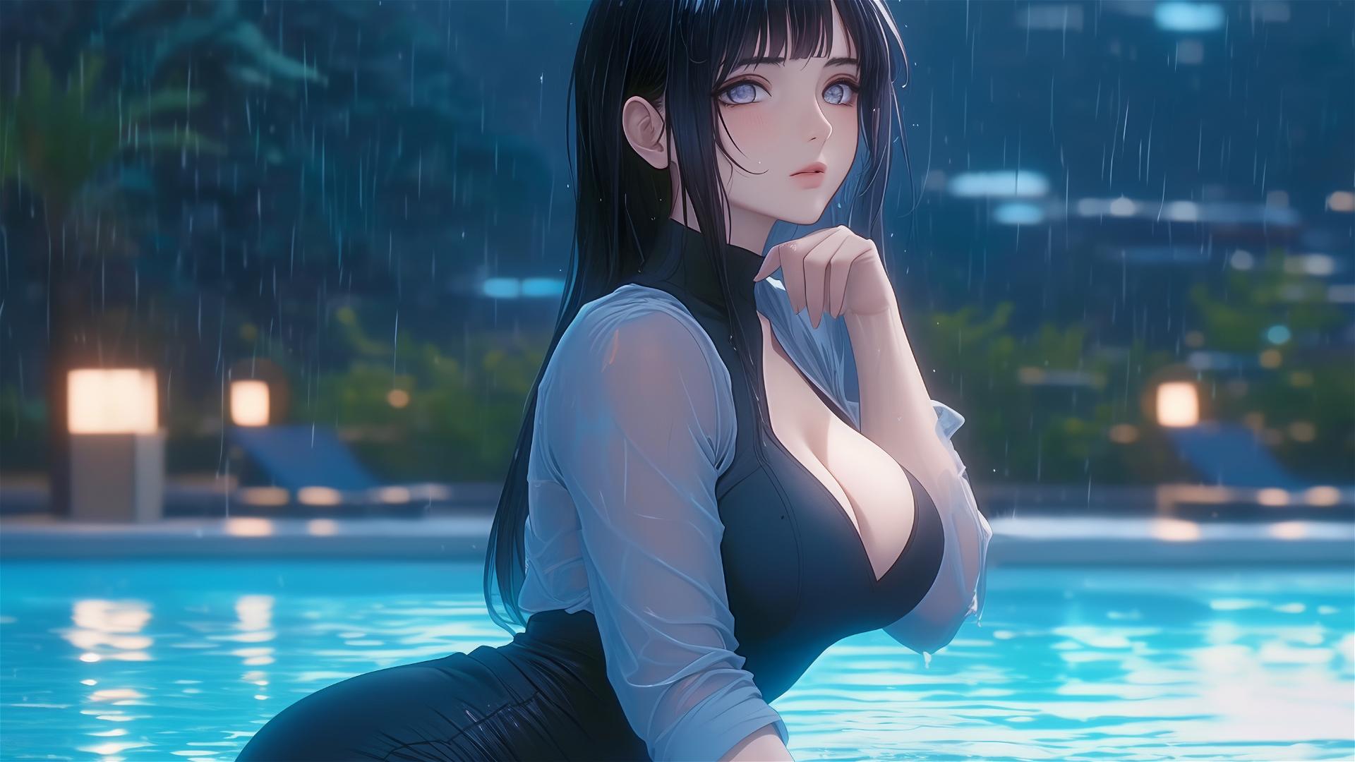 Hinata Hyuga resting by pool in moonlight with rain
