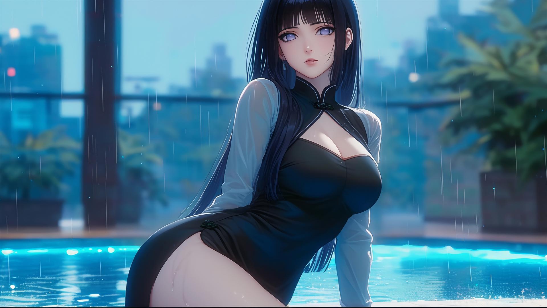 Hinata Hyuga resting by a pool in the moonlit rain from Naruto