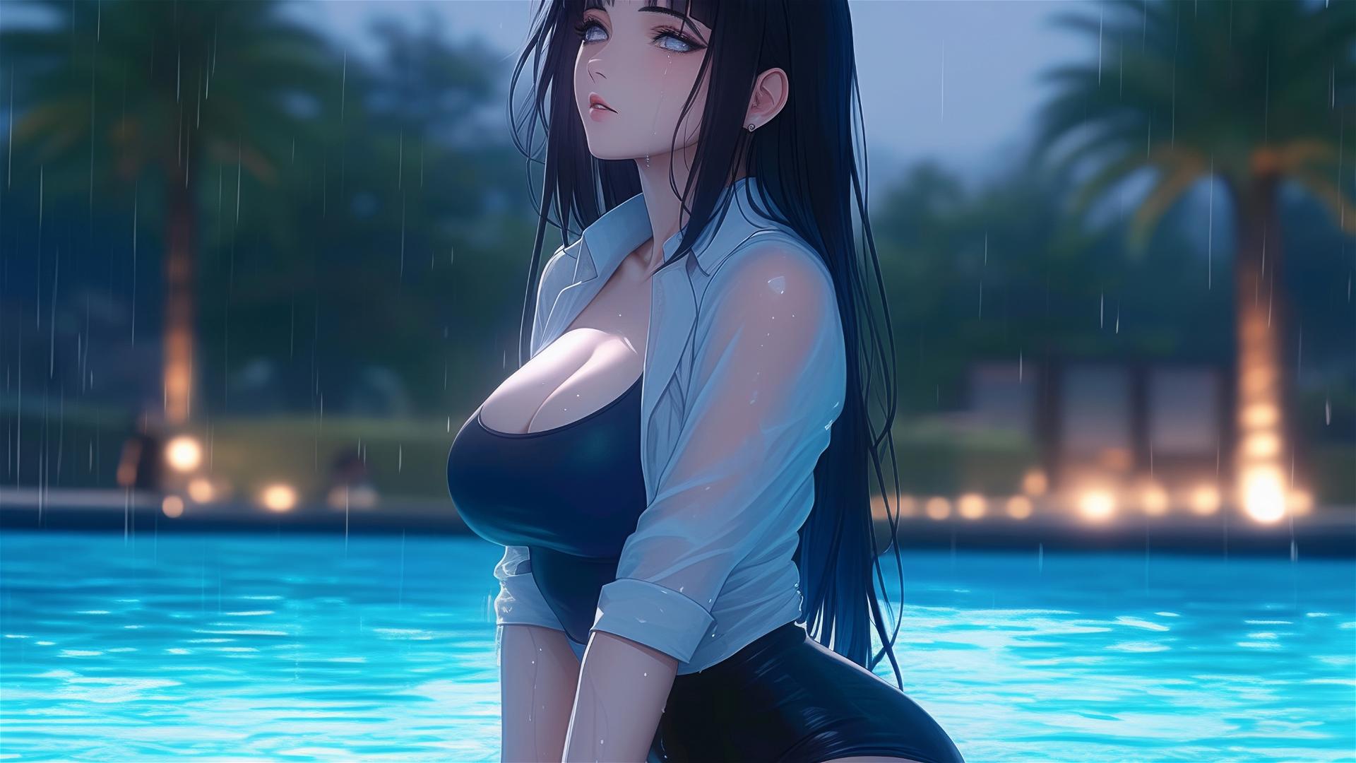 Hinata Hyuga resting by pool in moonlight with rain