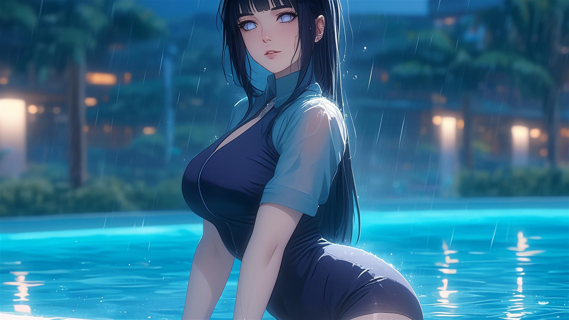 Hinata Hyuga resting by pool in moonlight with rain
