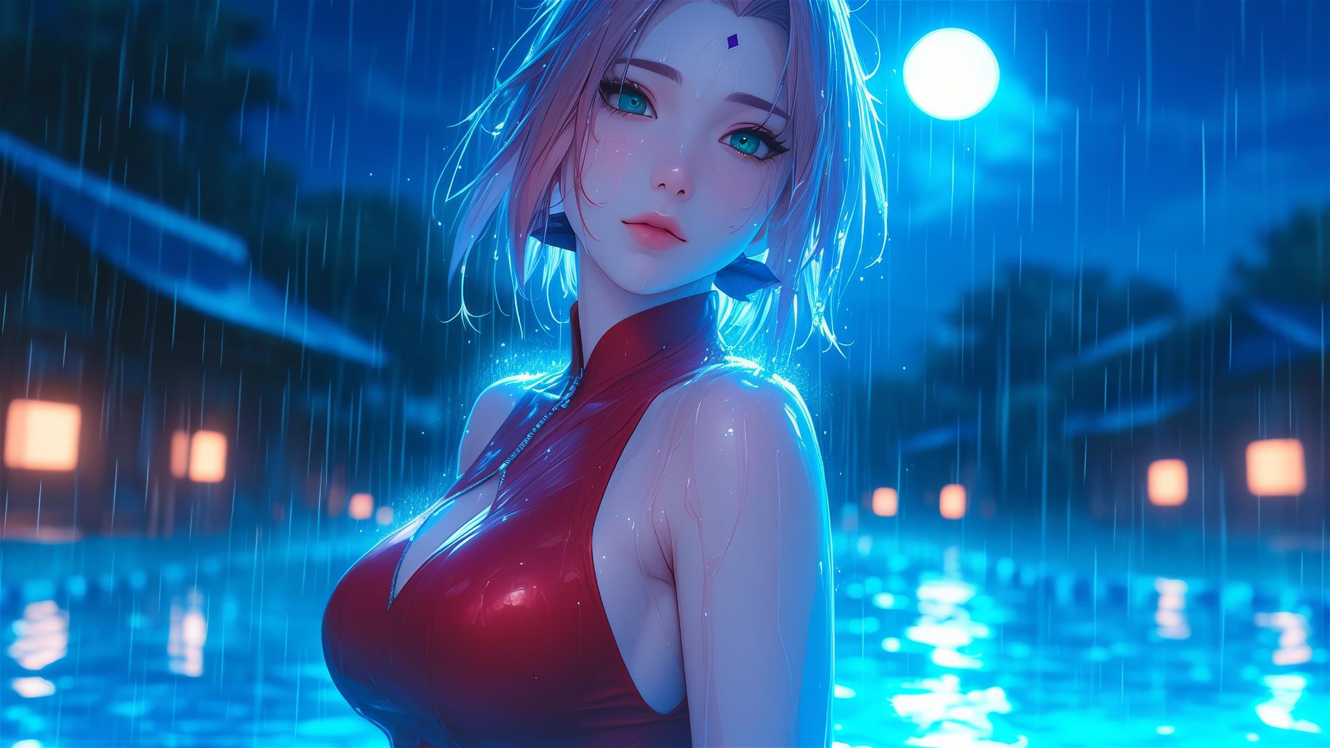 Haruno Sakura from Naruto stands in a pool under the moonlight with rain