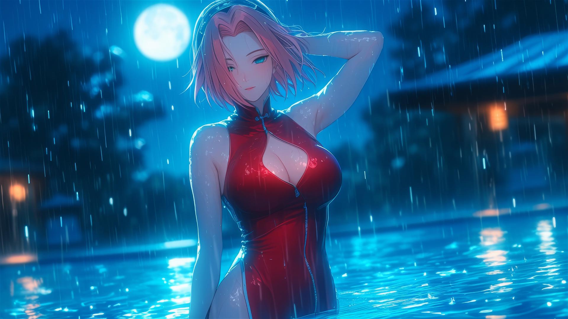 Haruno Sakura from Naruto in a rainy pool under moonlight