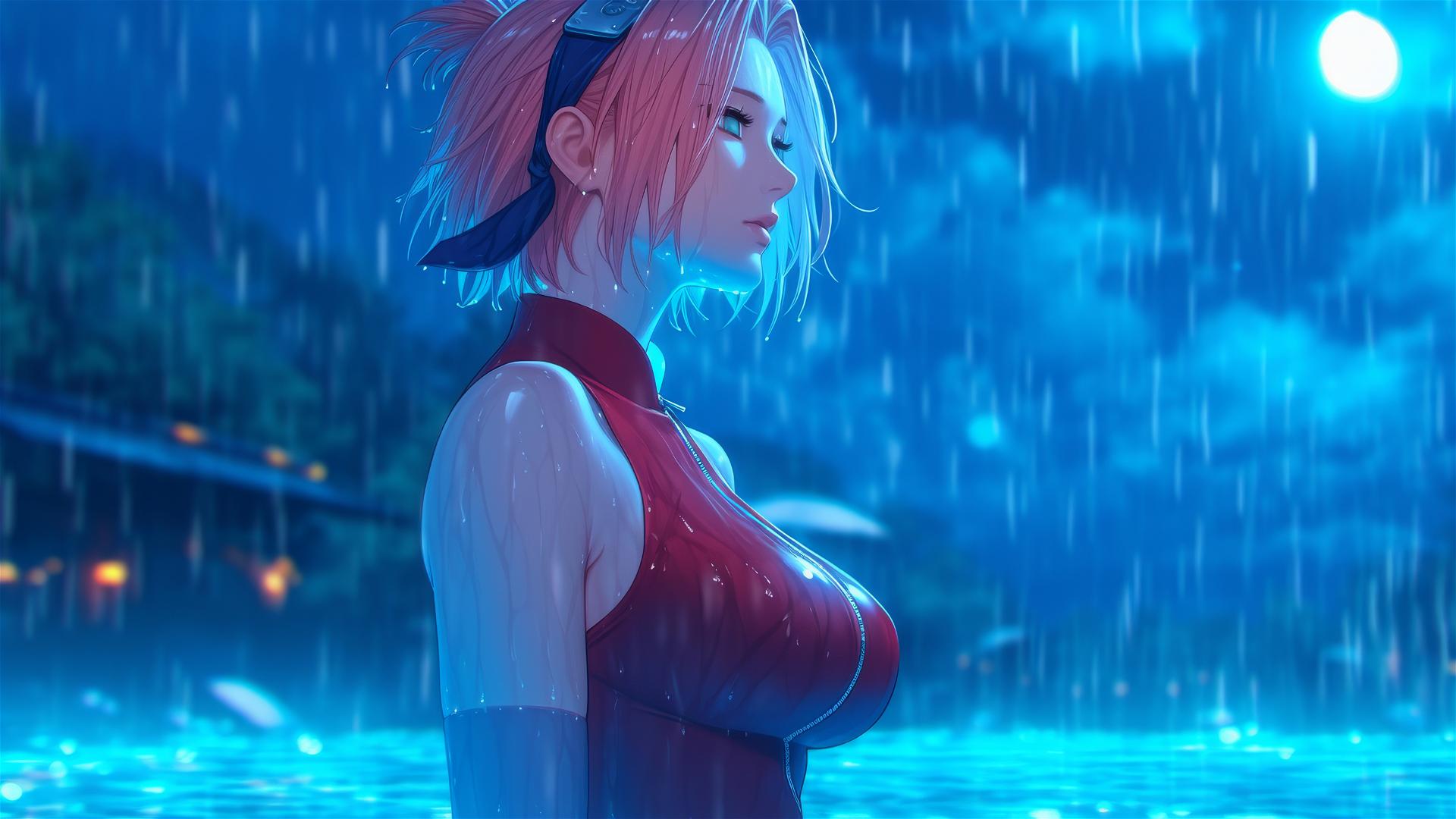 Haruno Sakura from Naruto standing in a pool under moonlight and rain, short hair.