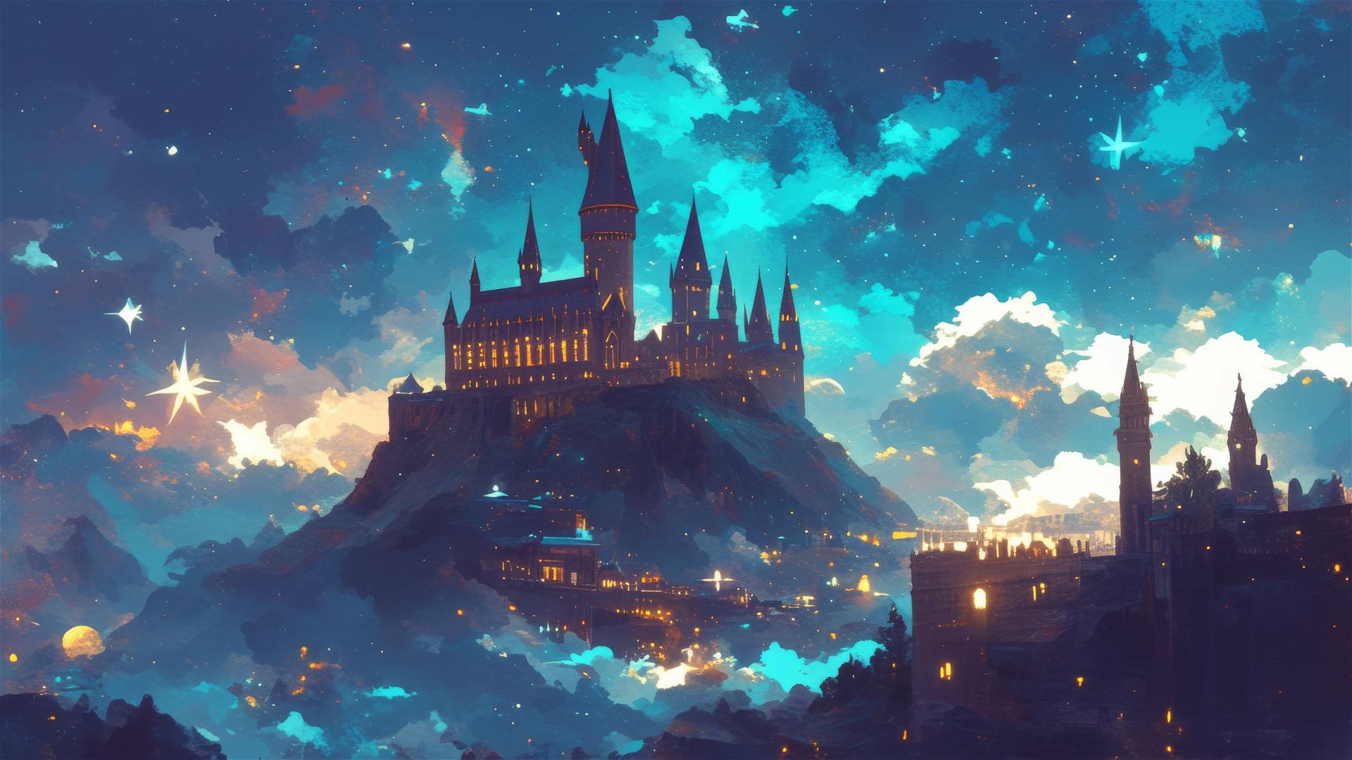Ghibli-style illustration of Hogwarts at night with stars
