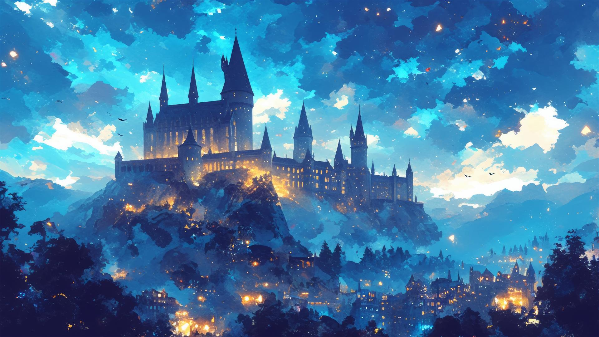 Artistic Ghibli-style illustration of Hogwarts at deep night with stars