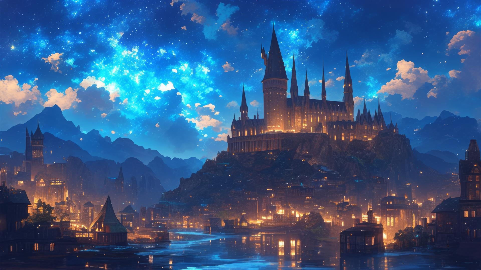 Artistic Ghibli-style illustration of Hogwarts at night with stars