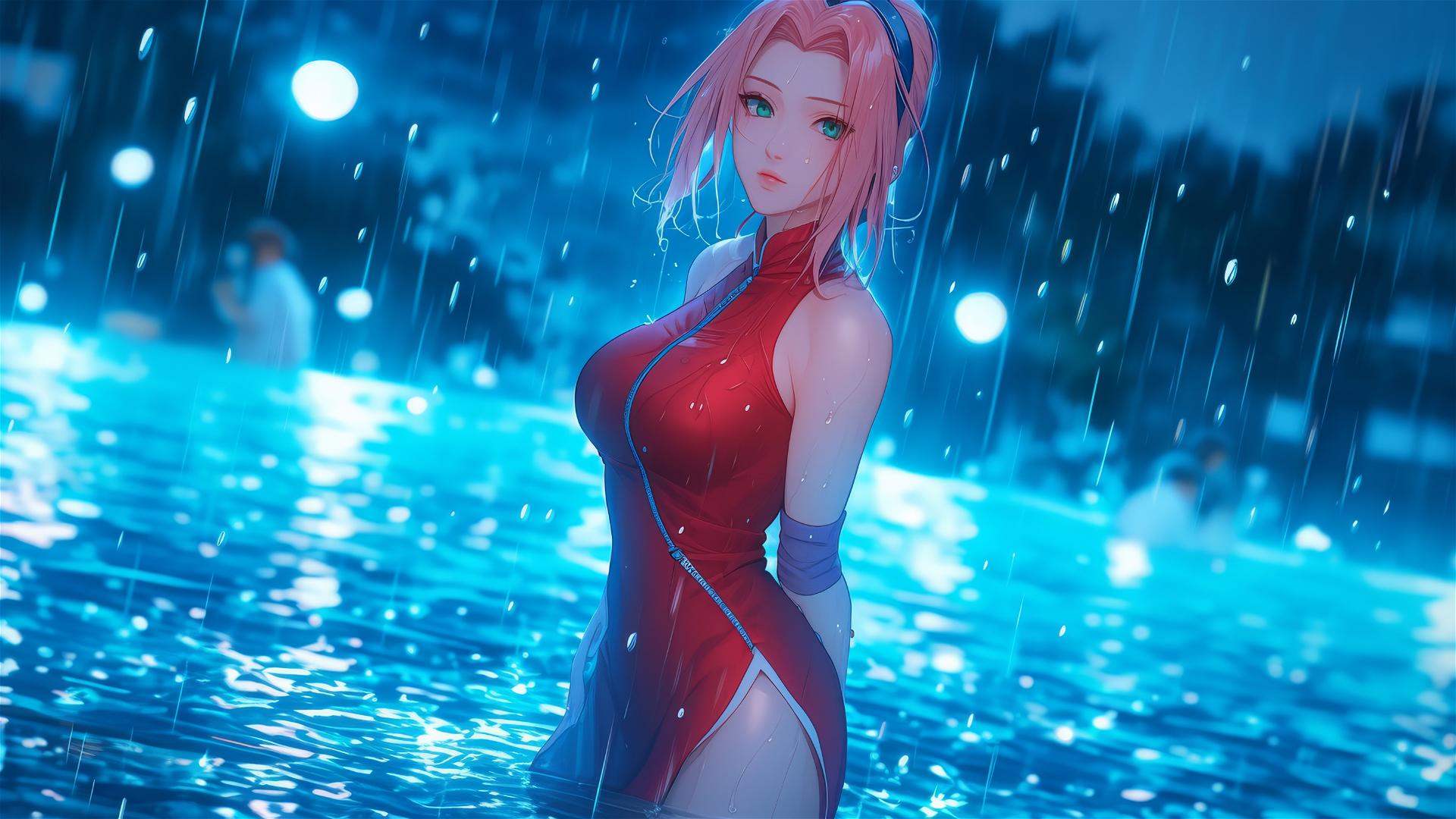 Haruno Sakura in rain by pool under moonlight with short hair
