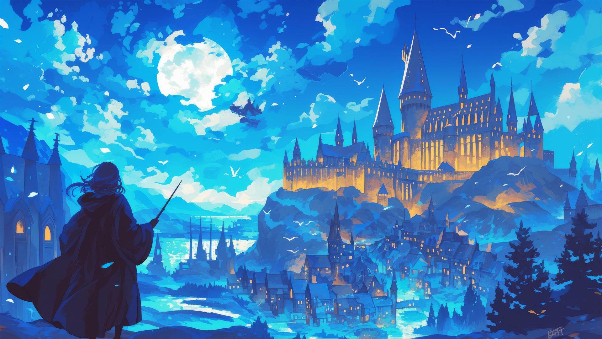 Ghibli-style illustration of Hogwarts at night