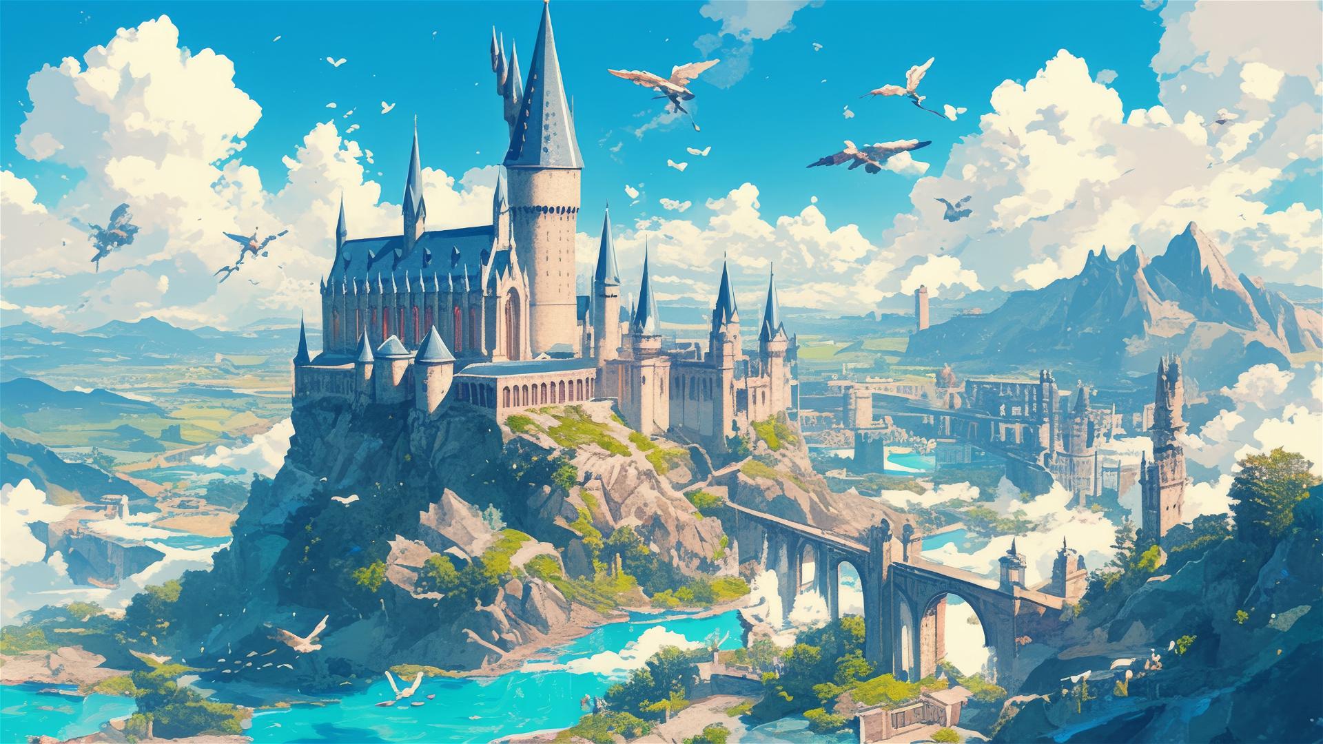 Ghibli-style Hogwarts aerial illustration