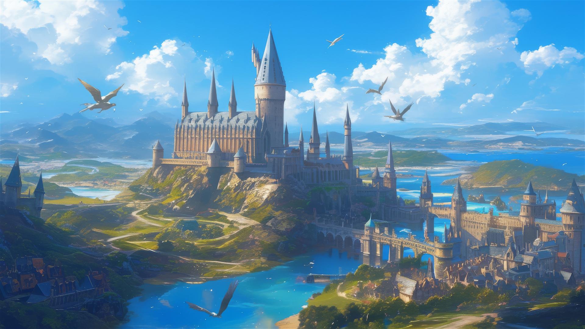 Artistic illustration of Hogwarts aerial view